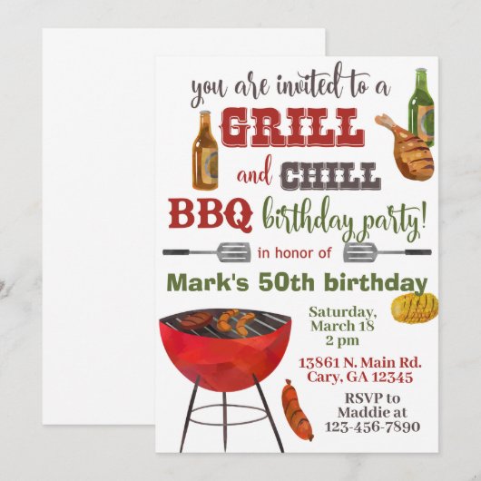 Invitación Grill & Chill BBQ birthday invitation. 招待状 (正面/裏面)