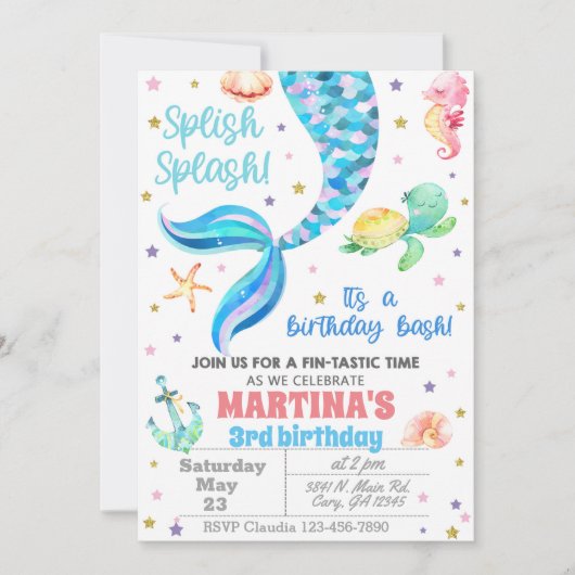 Invitación Mermaid birthday invitation, sea turtle 招待状 (正面)