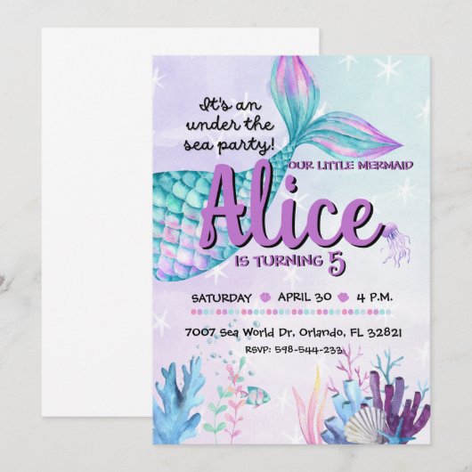 Invitación Mermaid invite for birthday parties 招待状 (正面/裏面)