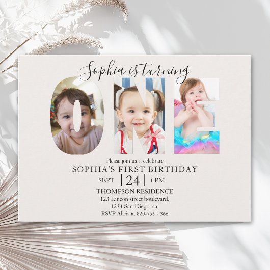 Invitación Minimalist "ONE" First Birthday Photo G 招待状