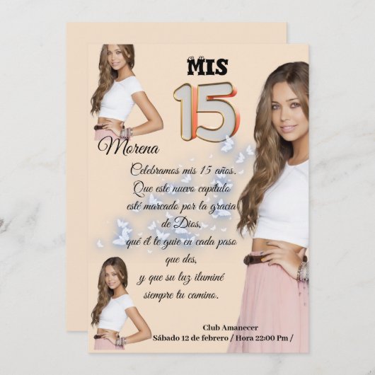 Invitación mis 15 rosa con foto 招待状 (正面/裏面)