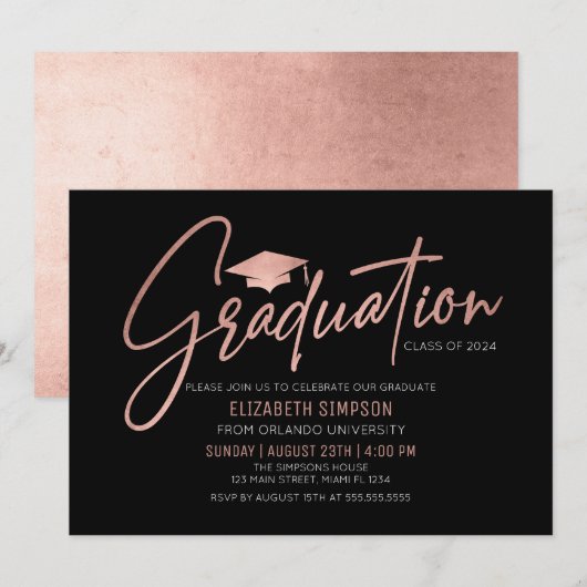 Invitación Modern black and rose gold Graduation I 招待状 (正面/裏面)