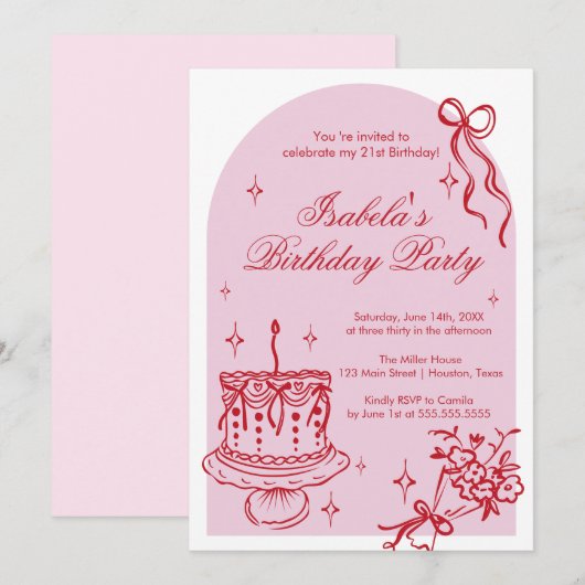 Invitación Modern girly doodle Birthday Invitation 招待状 (正面/裏面)