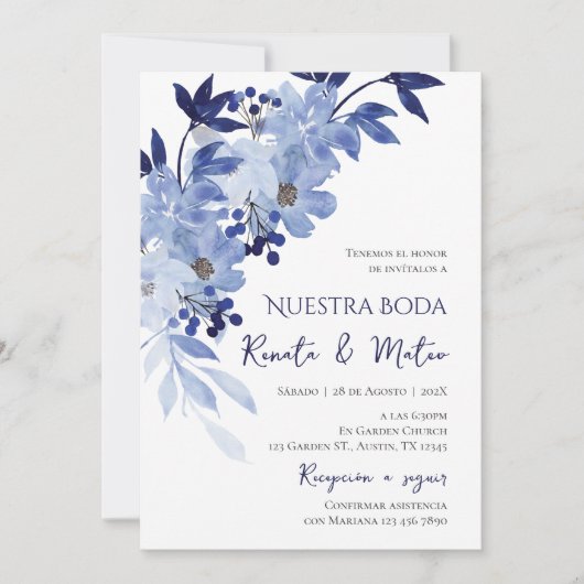 Invitación Navy Blue Spanish Wedding Invitation 招待状 (正面)