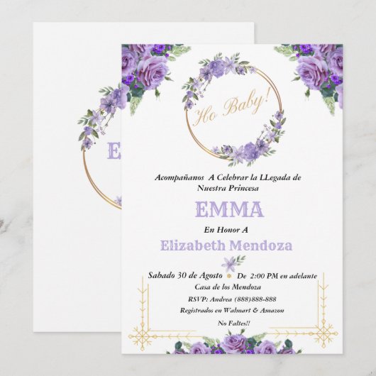 invitacion para Baby Shower con Flores purpura 招待状 (正面/裏面)