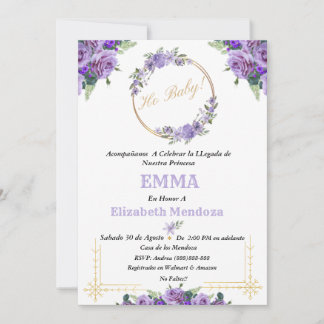invitacion para Baby Shower con Flores purpura 招待状