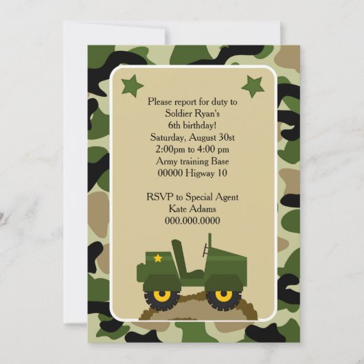 Invitacion para fiesta militar Soldado camuflage 招待状 (正面)