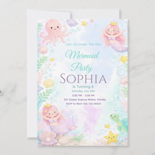 Invitación Pastel Pink Mermaid Birthday Invitation 招待状 (正面)