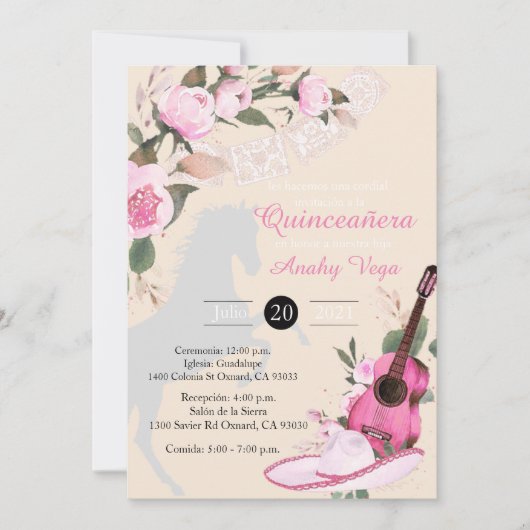 Invitación Pink de Charro Mariachi en Oro  招待状 (正面)