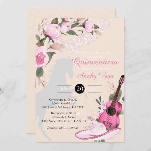 Invitación Pink de Charro Mariachi en Oro 招待状 (正面/裏面)