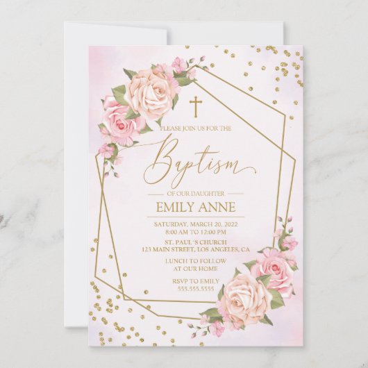 Invitación Pink Floral Baptism Invitation 招待状 (正面)