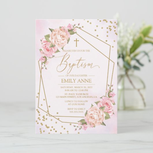 Invitación Pink Floral Baptism Invitation 招待状 (スタンド正面)