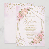 Invitación Pink Floral Baptism Invitation 招待状 (正面/裏面)
