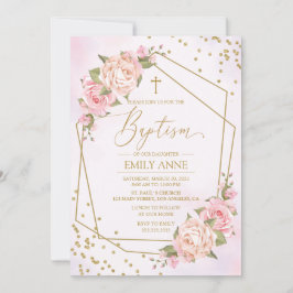 Invitación Pink Floral Baptism Invitation 招待状