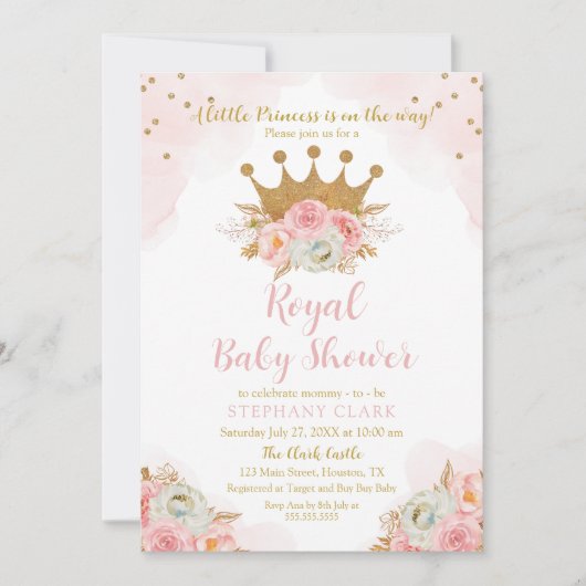 Invitación Princess Floral Pink & Gold Baby Shower 招待状 (正面)