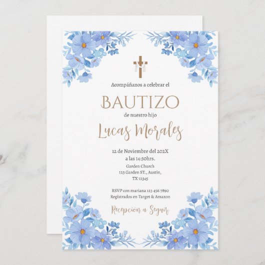 Invitación Spanish Baptism Boy invitation  招待状 (正面/裏面)