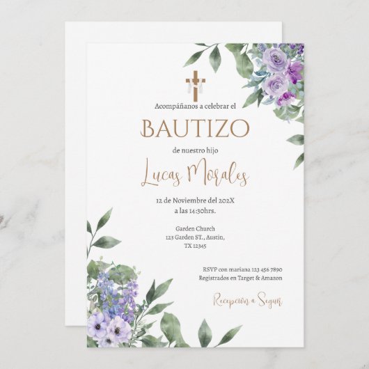 Invitación Spanish Baptism Boy invitation  招待状 (正面/裏面)