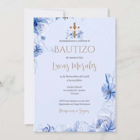 Invitación Spanish Baptism Boy invitation  招待状 (正面)
