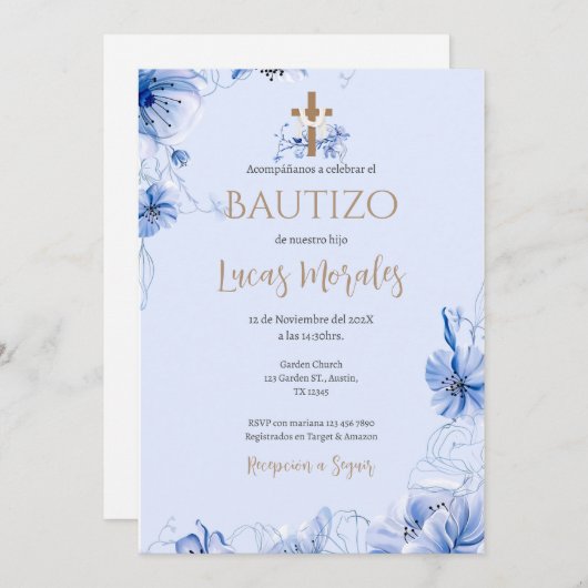 Invitación Spanish Baptism Boy invitation  招待状 (正面/裏面)