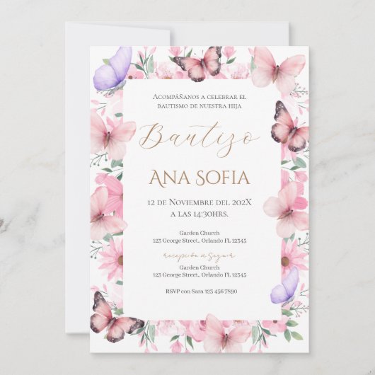 Invitación Spanish Baptism Girl invitation pink 招待状 (正面)