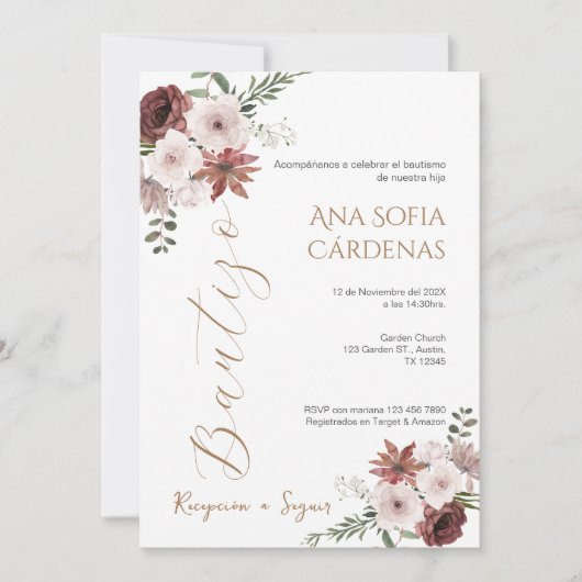 Invitación Spanish Baptism Girl invitation pink 招待状 (正面)