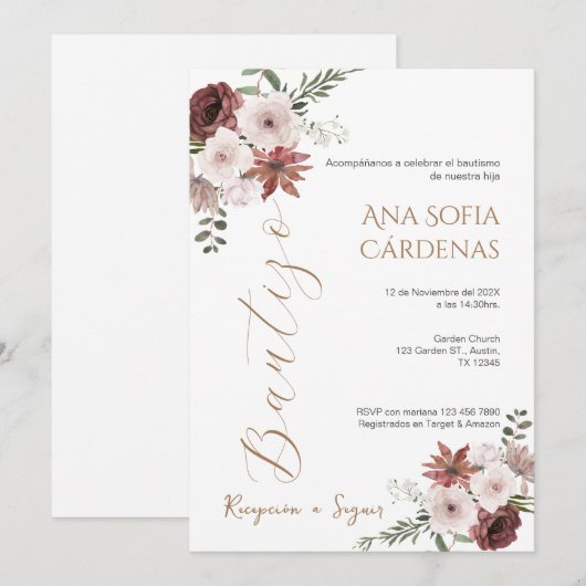 Invitación Spanish Baptism Girl invitation pink 招待状 (正面/裏面)