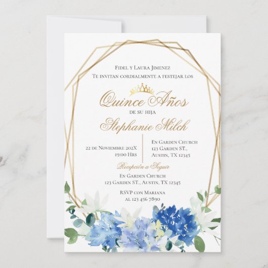 Invitación Spanish Quinceanera Blue floral invit 招待状 (正面)