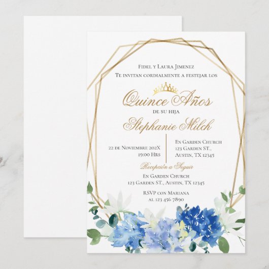 Invitación Spanish Quinceanera Blue floral invit 招待状 (正面/裏面)