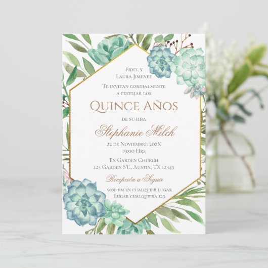 Invitación Spanish Quinceanera Greenery Floral  招待状 (スタンド正面)
