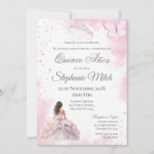 Invitación Spanish Quinceanera pink floral invite 招待状 (正面)