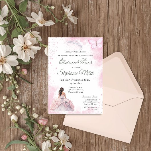 Invitación Spanish Quinceanera pink floral invite 招待状