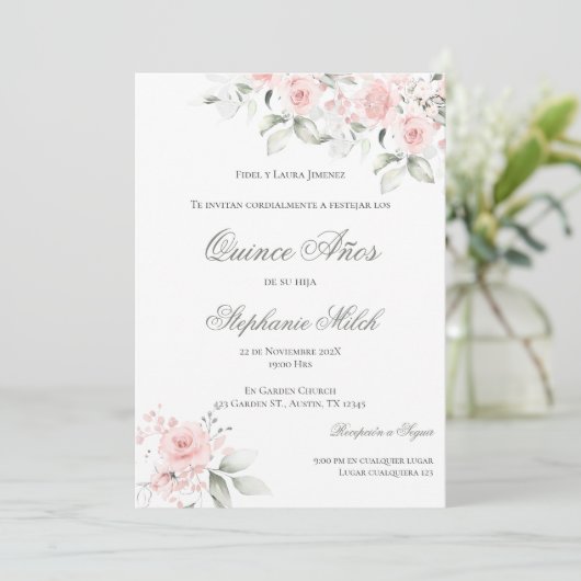 Invitación Spanish Quinceanera pink floral invite 招待状 (スタンド正面)