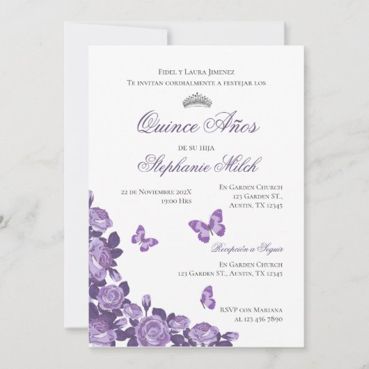 Invitación Spanish Quinceanera purple floral invit 招待状 (正面)