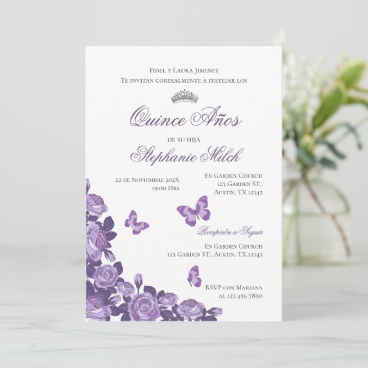 Invitación Spanish Quinceanera purple floral invit 招待状 (スタンド正面)
