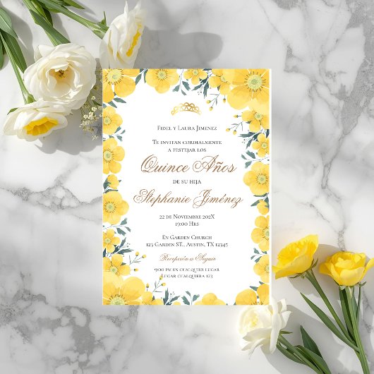 Invitación Spanish Quinceanera yellow floral invit 招待状