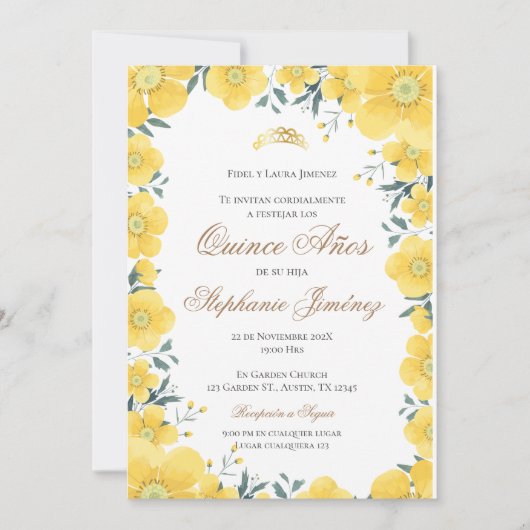 Invitación Spanish Quinceanera yellow floral invit 招待状 (正面)