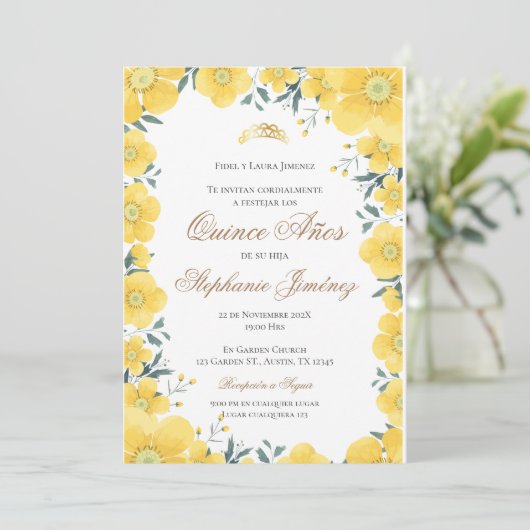 Invitación Spanish Quinceanera yellow floral invit 招待状 (スタンド正面)