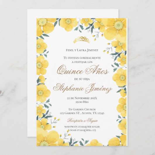 Invitación Spanish Quinceanera yellow floral invit 招待状 (正面/裏面)