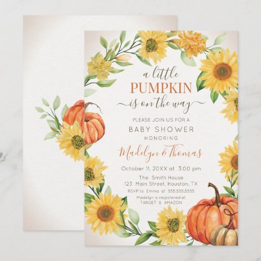 Invitación Sunflowers & Pumpkins fall Baby Shower 招待状 (正面/裏面)