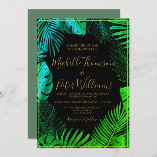Invitación tropical gold watercolor wedding 招待状 (正面/裏面)