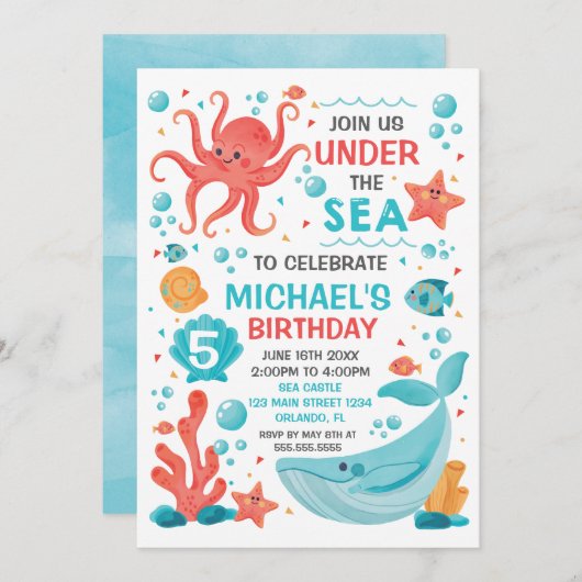 Invitación Under the Sea blue and coral birthday i 招待状 (正面/裏面)