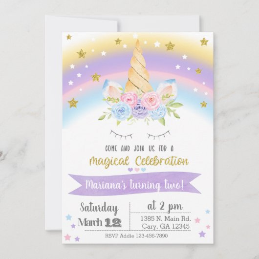 Invitación Unicorn birthday invitation, girl invit 招待状 (正面)