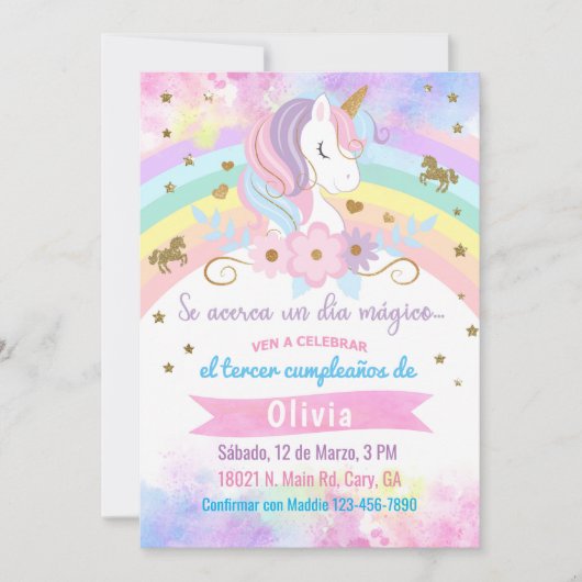 Invitación Unicorn head birthday invitation, Spani 招待状 (正面)