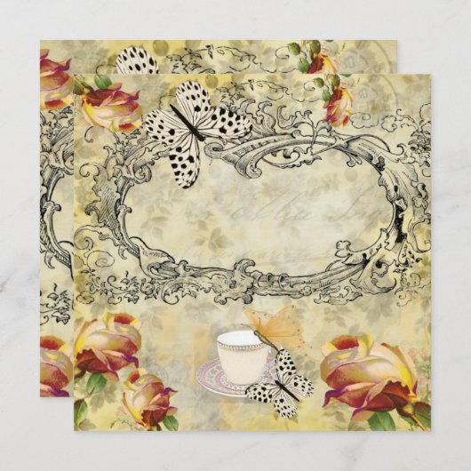 Invitación vintage tazas y mariposas decoupage 招待状 (正面/裏面)