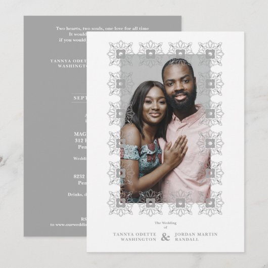 Invitación Wedding Grey Fancy Ornament Lace Effect 招待状 (正面/裏面)