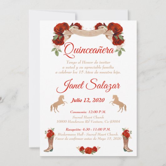 Invitaciones charro Quinceañera Charra Red 招待状 (正面)