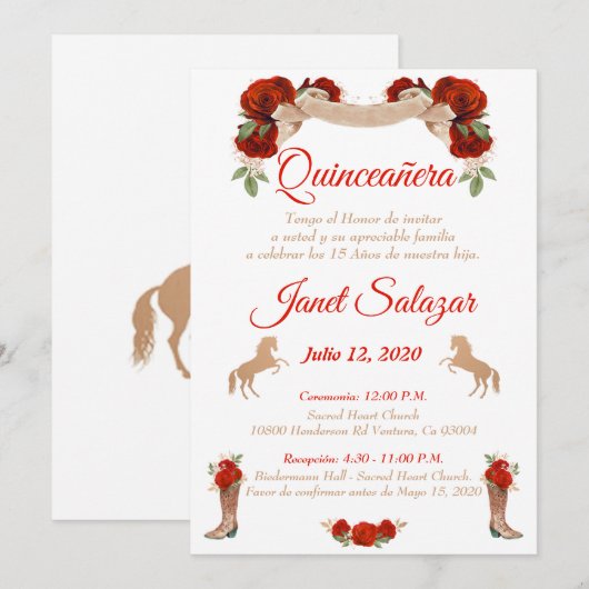 Invitaciones charro Quinceañera Charra Red 招待状 (正面/裏面)