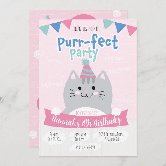 Invitaciones fiesta de cumpleaños cute kitty 招待状 (正面/裏面)