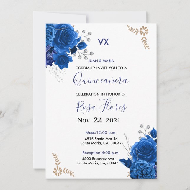 Invitaciones for Quinceanera Invitation Blue Royal (正面)