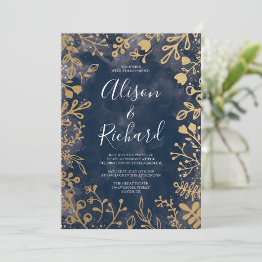 Invitatiを結婚する庭の星明かりの夜金ゴールドおよび海軍 招待状 (スタンド正面)
